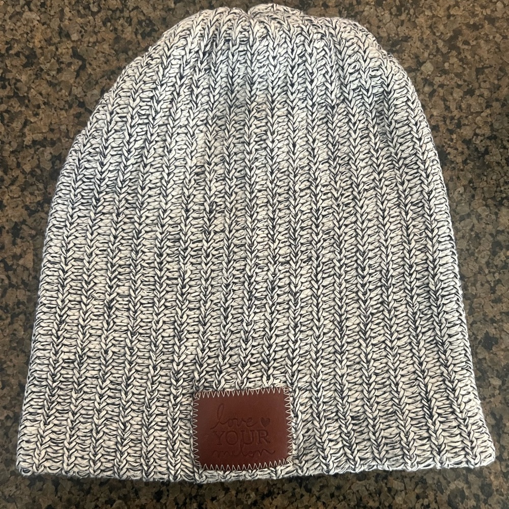Love Your Melon Gray/White Knit Beanie with Brown Patch